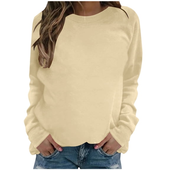 VANLOFE Women's Solid Color Long Sleeve Sweatshirt Crewneck Sweatshirt for Women Women's Washed Trendy Beige Sweatshirt 2XL