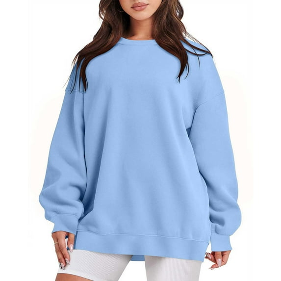VANLOFE Women's Solid Color Long Sleeve Sweatshirt Crewneck Sweatshirt for Women Women's Washed Trendy Light Blue Sweatshirt 2XL