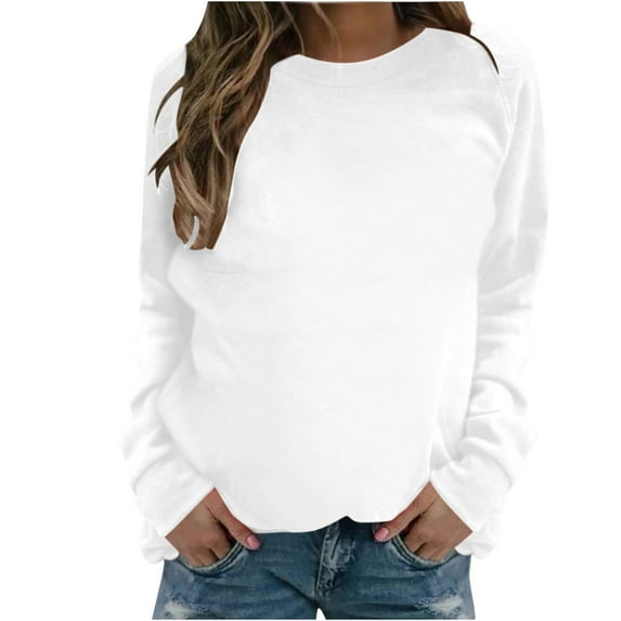 VANLOFE Women's Solid Color Long Sleeve Sweatshirt Crewneck Sweatshirt for Women Women's Washed Trendy White Sweatshirt XL