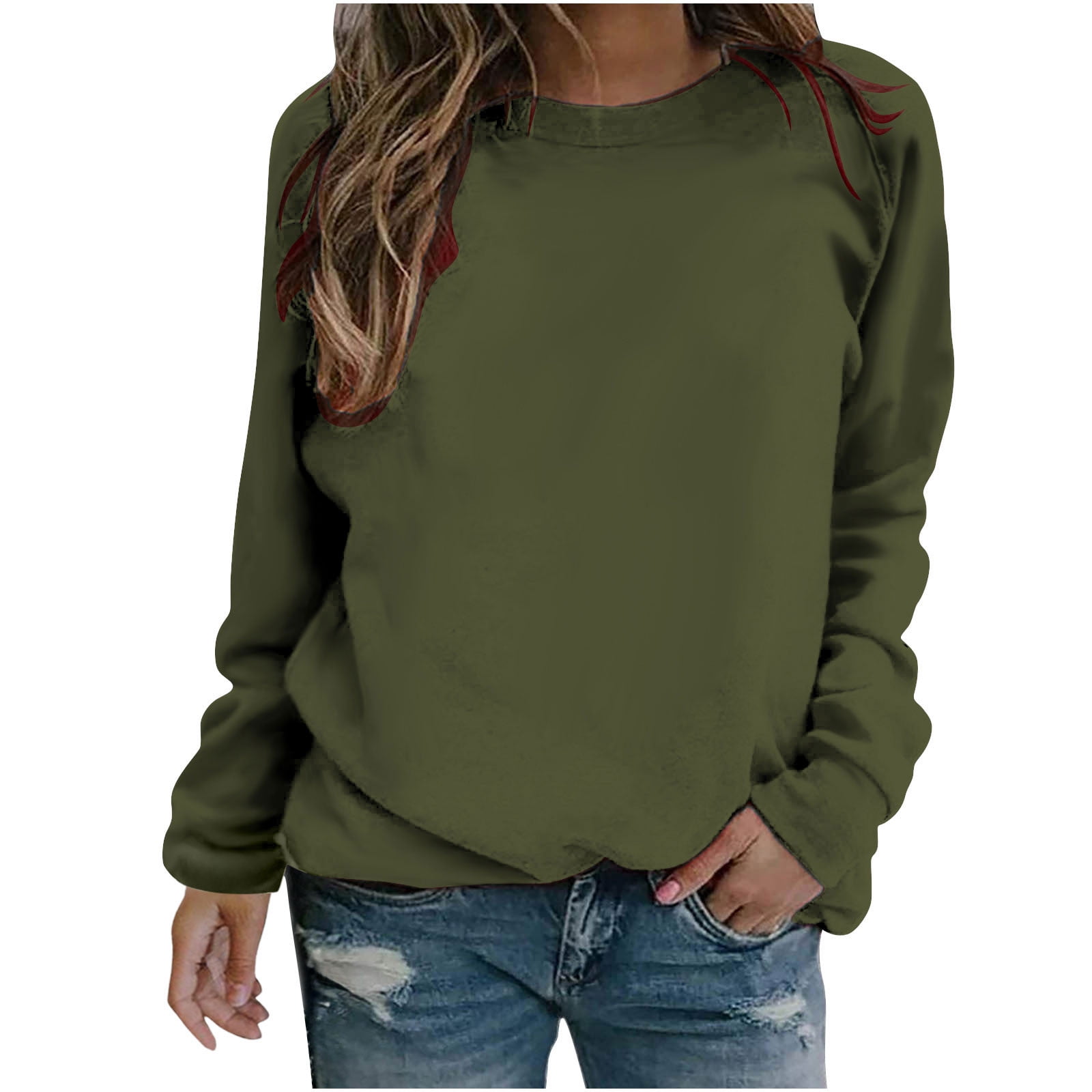 VANLOFE Women s Solid Color Long Sleeve Sweatshirt Crewneck Sweatshirt for Women Women s Washed Warm Army Green Sweatshirt XL