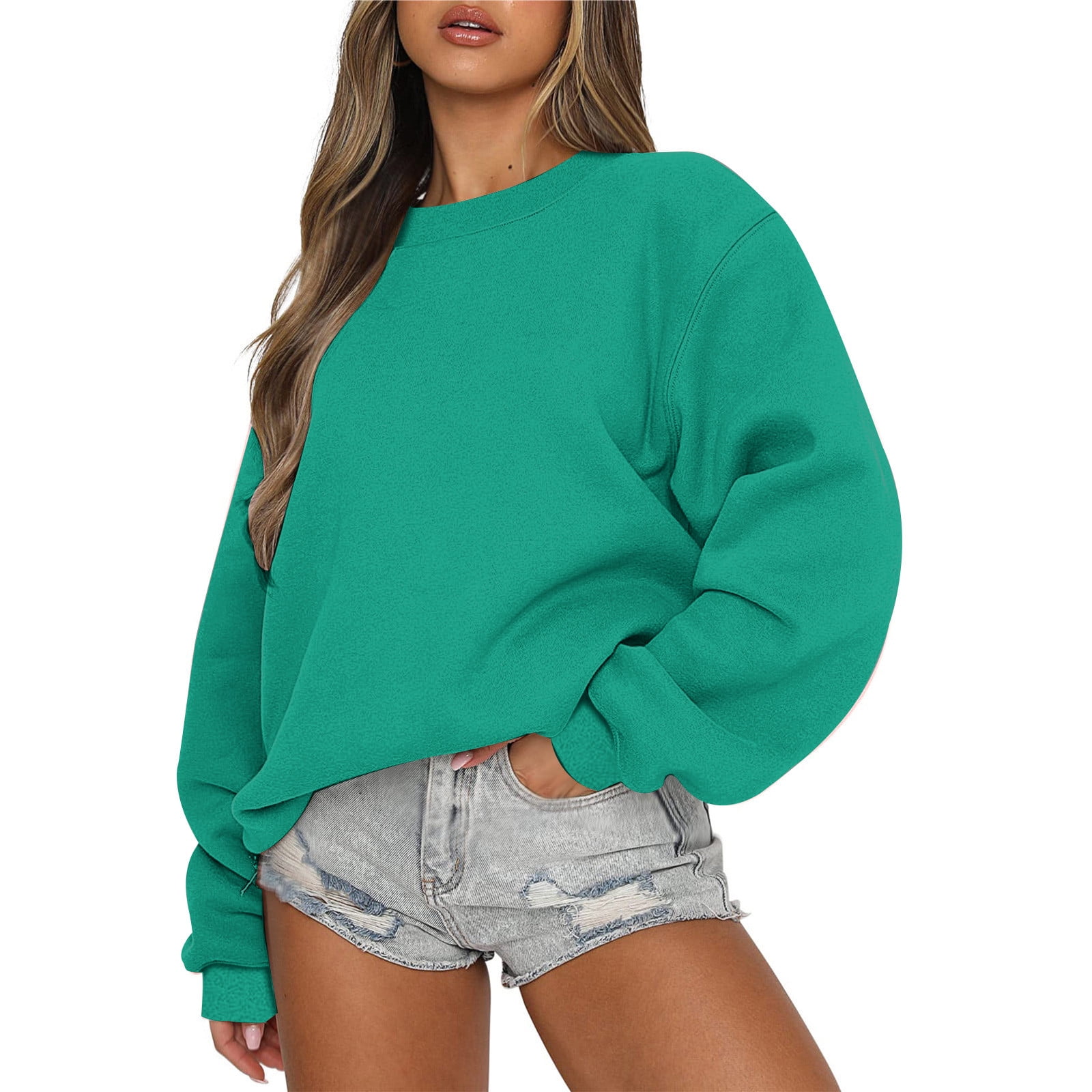 VANLOFE Women s Solid Color Long Sleeve Sweatshirt Crewneck Sweatshirt for Women Women s Washed Warm Mint Green Sweatshirt L Walmart