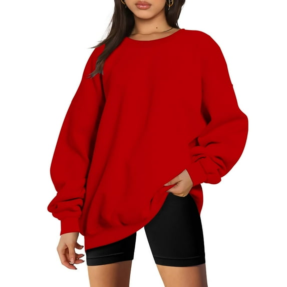 VANLOFE Women's Solid Color Long Sleeve Sweatshirt Crewneck Sweatshirt for Women Women's Washed Warm Red Sweatshirt 2XL