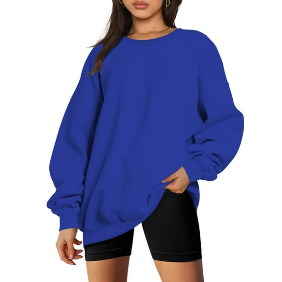 VANLOFE Women's Solid Color Long Sleeve Sweatshirt O-Neck Sweatshirt for Women Women's Fashion Trendy Dark Blue Sweatshirt M