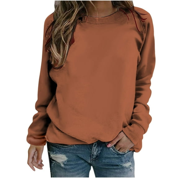 VANLOFE Women's Solid Color Long Sleeve Sweatshirt O-Neck Sweatshirt for Women Women's Soft Trendy Orange Sweatshirt M