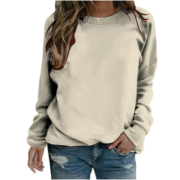 VANLOFE Women's Solid Color Long Sleeve Sweatshirt O-Neck Sweatshirt for Women Women's Soft Warm Beige Sweatshirt M