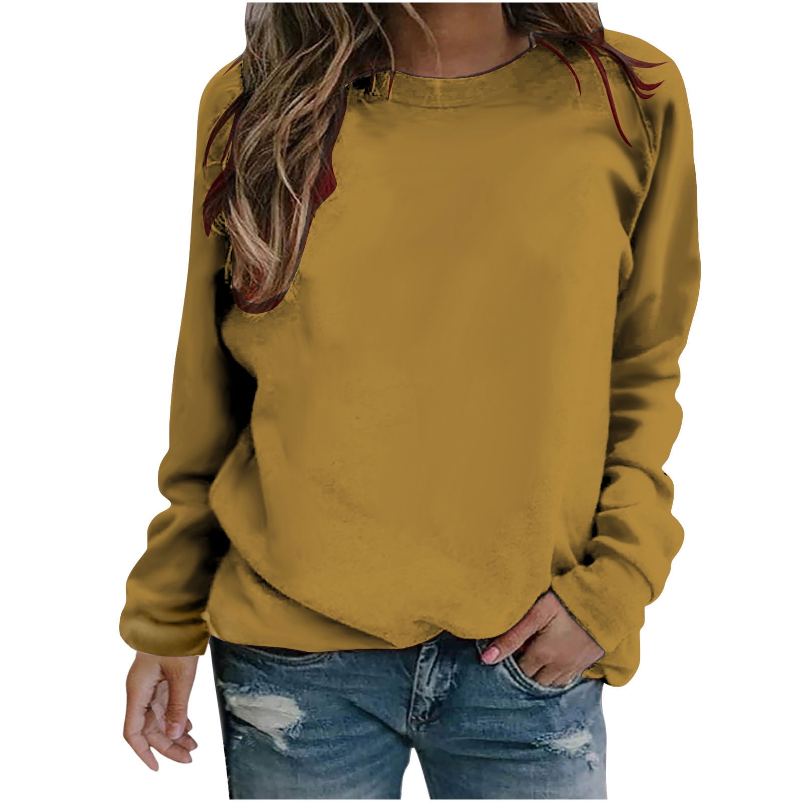 VANLOFE Women s Solid Color Long Sleeve Sweatshirt O Neck Sweatshirt for Women Women s Soft Warm Khaki Sweatshirt M