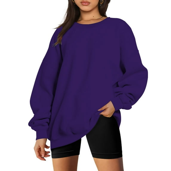 VANLOFE Women's Solid Color Long Sleeve Sweatshirt O-Neck Sweatshirt for Women Women's Soft Warm Purple Sweatshirt M