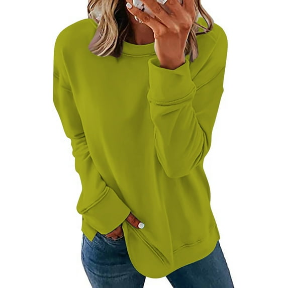 VANLOFE Women's Solid Color Long Sleeve Sweatshirt O-Neck Sweatshirt for Women Women's Washed Warm Green Sweatshirt M