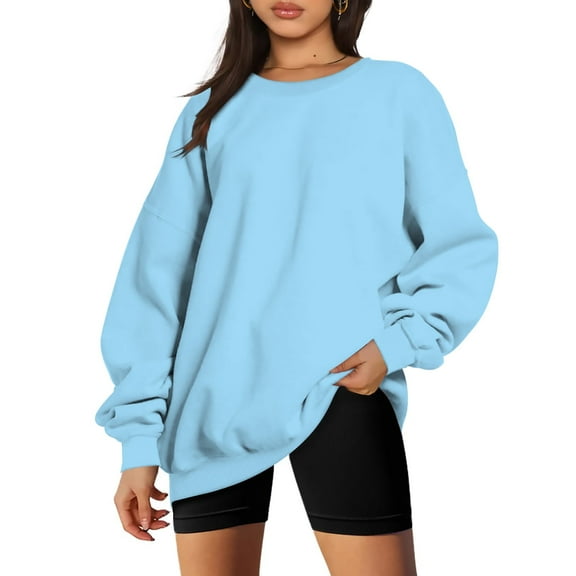 VANLOFE Women's Solid Color Long Sleeve Sweatshirt O-Neck Sweatshirt for Women Women's Washed Warm Sky Blue Sweatshirt M