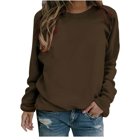 VANLOFE Women's Solid Color Long Sleeve Sweatshirt Round-Neck Sweatshirt for Women Women's Fashion Trendy Brown Sweatshirt S