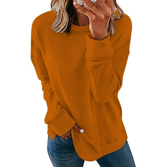 VANLOFE Women's Solid Color Long Sleeve Sweatshirt Round-Neck Sweatshirt for Women Women's Fashion Trendy Orange Sweatshirt S