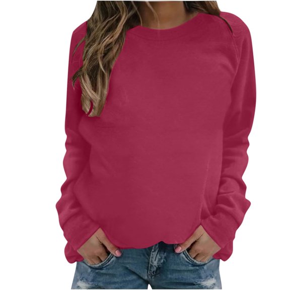 VANLOFE Women's Solid Color Long Sleeve Sweatshirt Round-Neck Sweatshirt for Women Women's Fashion Warm Hot Pink Sweatshirt S