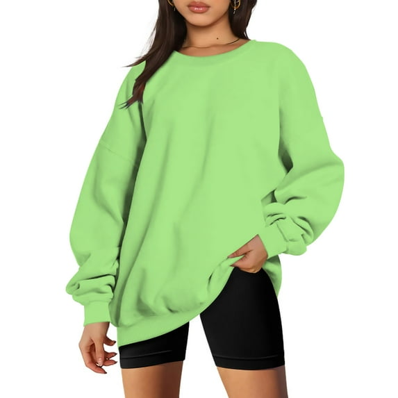 VANLOFE Women's Solid Color Long Sleeve Sweatshirt Round-Neck Sweatshirt for Women Women's Washed Warm Green Sweatshirt S
