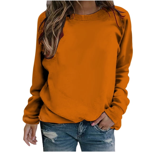VANLOFE Women's Solid Color Long Sleeve Sweatshirt Round-Neck Sweatshirt for Women Women's Washed Warm Orange Sweatshirt S