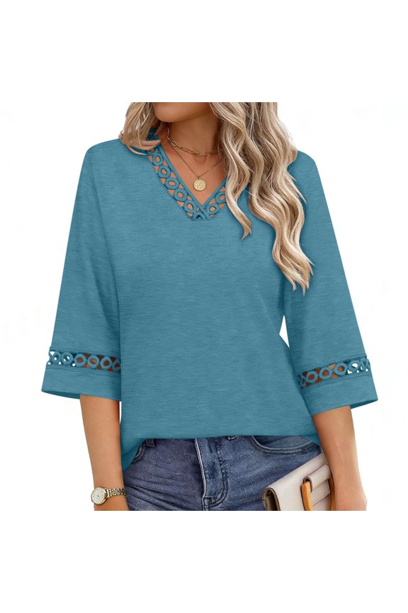 Women's 3/4 Sleeve V-Neck Blouse with Ruffle Detail, Loose-Fit Office and Everyday Top (Various Colors) Navy 3XL