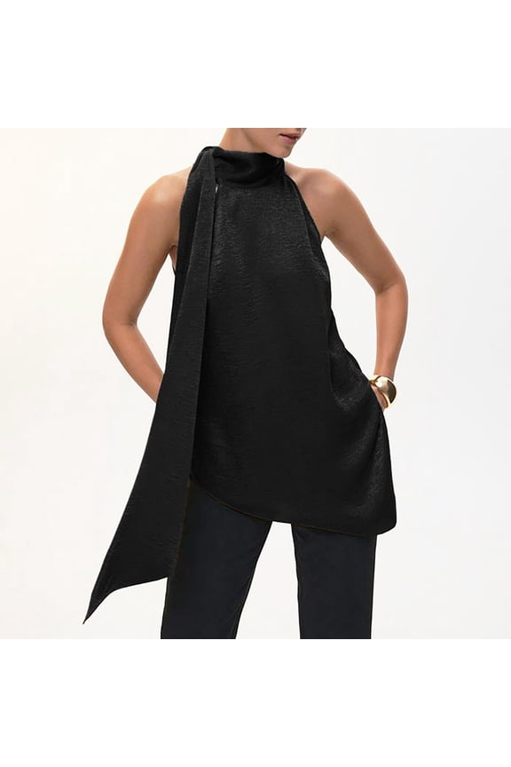 Women's Asymmetric Hem Sleeveless Satin Tunic, Solid Color, Loose Flowy Style Black L