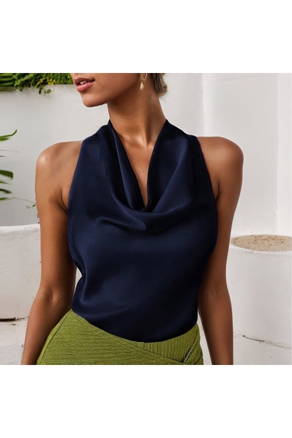 Women's Satin Draped Cowl Neck Sleeveless Blouse, Keyhole Detail, Solid Color Blue S