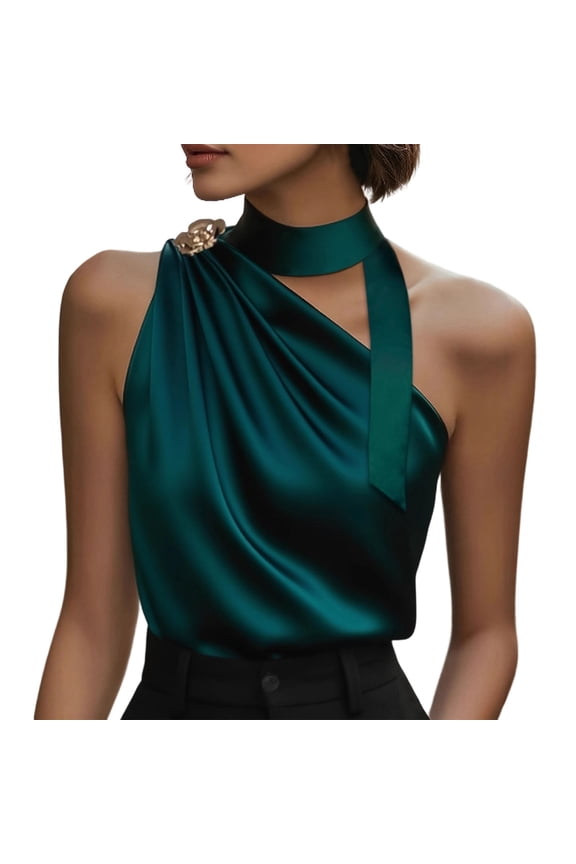 Women's Satin Halter Neck Sleeveless Top with Keyhole Cutout, Draped Front, Solid Color Green XL