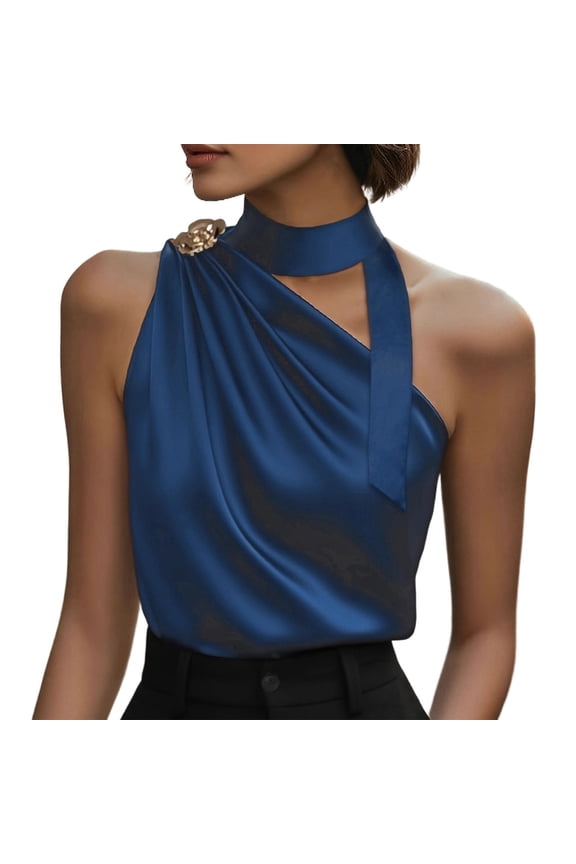 Women's Satin Halter Neck Sleeveless Top with Keyhole Cutout, Draped Front, Solid Color Navy S