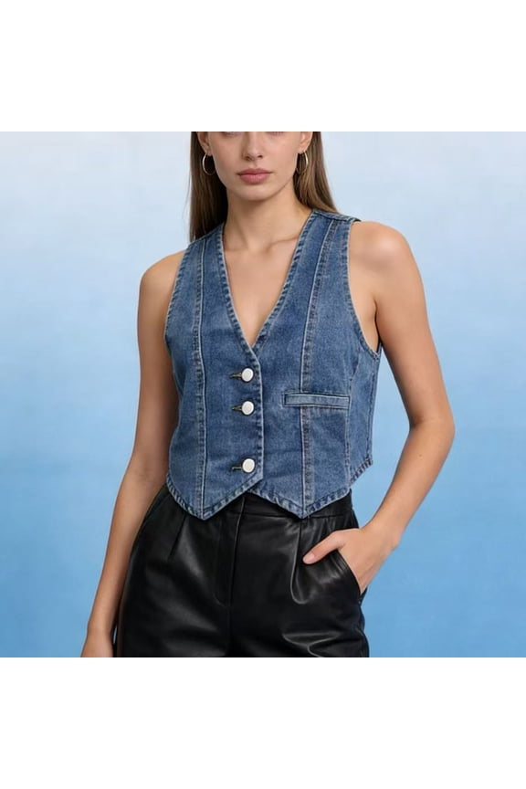 Women's Sleeveless Denim Vest with Belt, Solid Color Casual Tie - Waist Top for Layering and Matching Dark Blue S