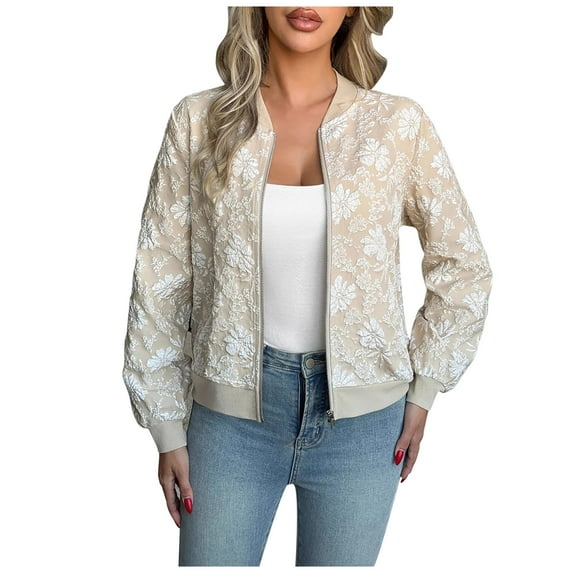 VANLOFEE Women's Zipper Jacket Soft Fit Cropped Bomber Jacket Long Sleeve Fall Jackets Coat Outerwear Light Jackets for Women