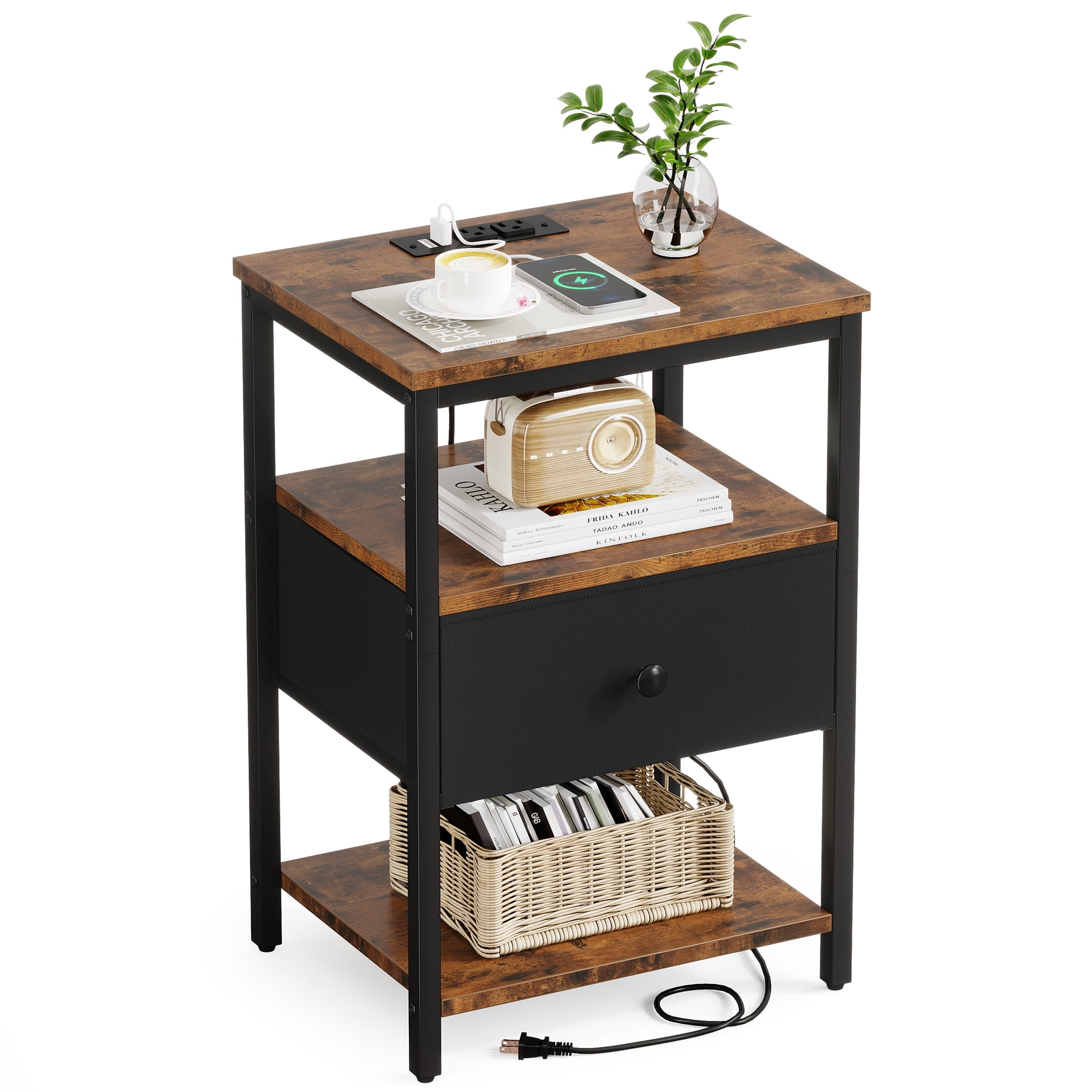 VANOMi End Table with Charging Station, 3 Tier Inudustrial Side Table