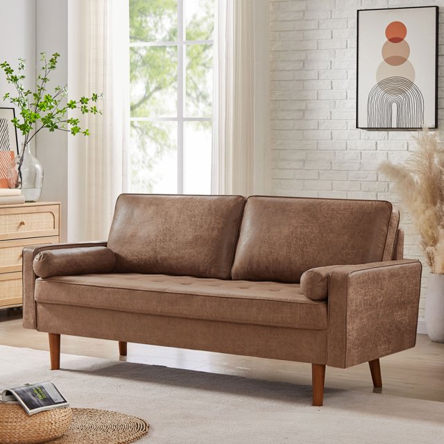 VANOMi MidCentury Modern Faux Leather Loveseat, 69 inch Long Sofa