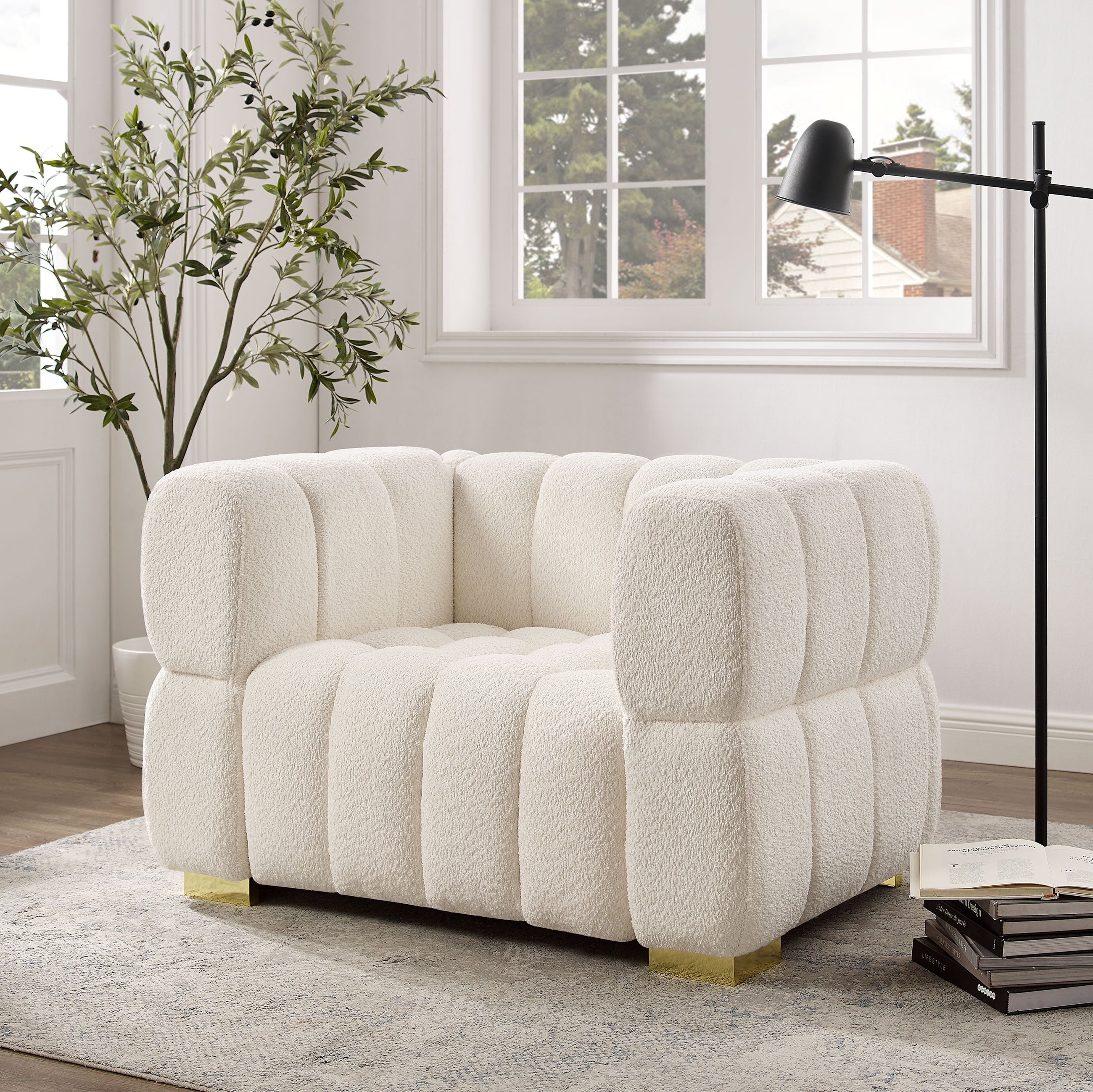VANOMi Modern Channel Tufted Armchair Button Tufted Accent Chair Waffle Stitching White