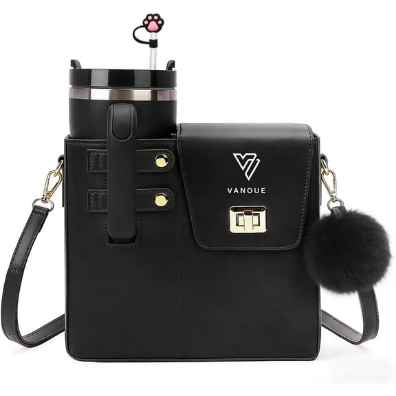 VANOUE 40oz Tumbler Crossbody Bag Bundle Set with Reusable Straw, Nozzle Topper & Pom Pom Charm Women's Insulated Travel Tumbler Gift Set, Black