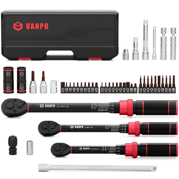 VANPO Torque Wrench Set 1/4, 3/8, 1/2-Inch Drive(20240 in-lb, 545 & 10170 ft-lb) Click Torque Wrenches Kit for Car, Motorcycle, Bike Repair - 3% Precision, 72-Tooth, Dual Direction with Case