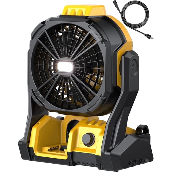 Battery Operated Fan, for DEWALT 20V Max Battery, Camping Fan Cordless, Option for Corded, with LED Lights, Variable Speed, Hook for Hanging, for Jobsite(Battery Not Included)