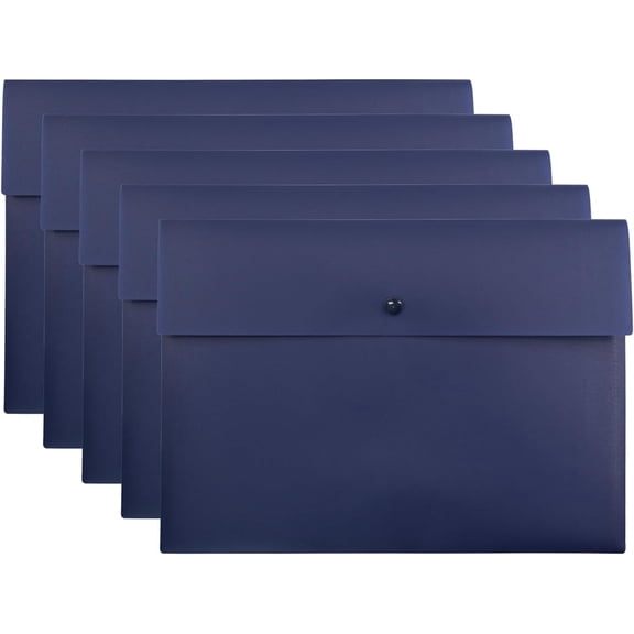 VANRA Poly File Folder Pockets File Jacket Plastic Envelope Flat Document Letter Organizer with Snap Button Closure A4 Letter Size (Pack of 5, Navy Blue)