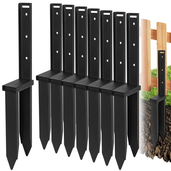 VANROUG 8PCS Fence Post Repair Kit, Ground Anchors, Heavy Duty Fence Post Anchor Ground Stakes, One-Piece Anchor Stakes with L Brackets for Tent, Wooden Posts, Black