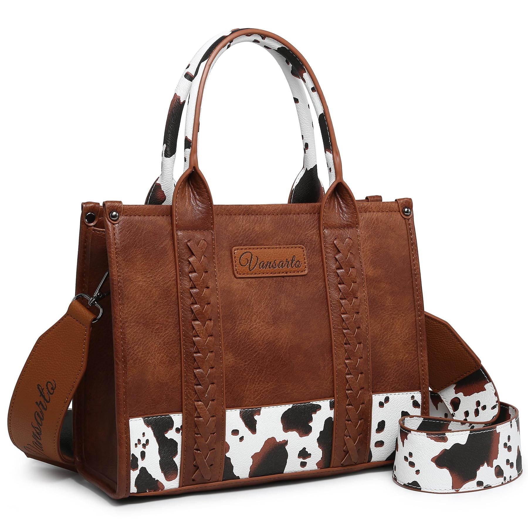 VANSARTO Cow Print Tote Bag for Women Western Top Handle Handbags Satchel Bag Shoulder Purse with Guitar Strap