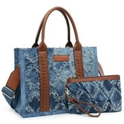 Denim Tote Bag for Women Top Handle Satchel Purse Boho Shoulder Handbags with Wristlet