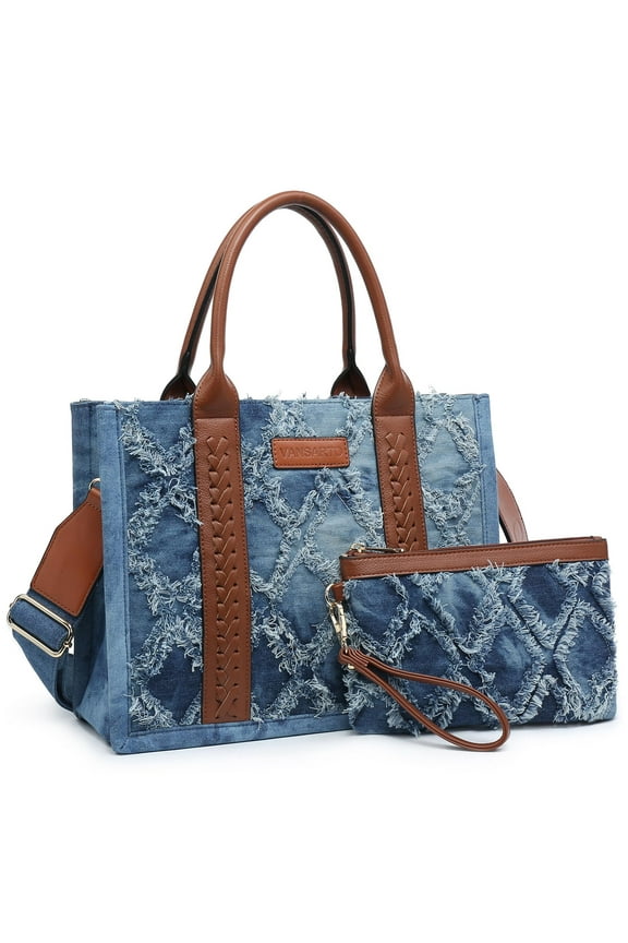 Denim Tote Bag for Women Top Handle Satchel Purse Boho Shoulder Handbags with Wristlet
