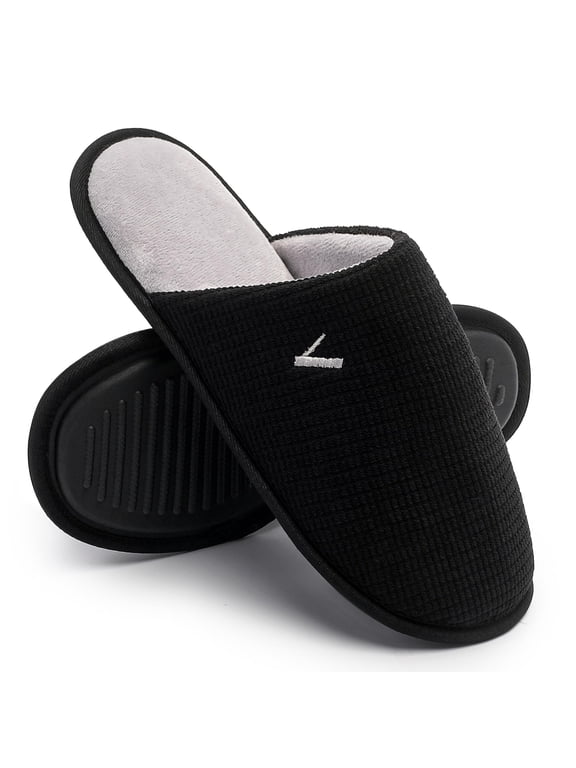 Men's Two-Tone Corduroy Memory Foam Slippers Cozy Plush Fleece Lined Slip-On House Shoes with Non-Slip Sole Lightweight Indoor Outdoor Comfy Slippers, Black/Gray, Size 11-12