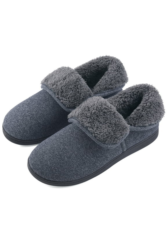 Mens Knit Bootie Slippers Comfy Casual Memory Foam Boot Slipper Indoor Outdoor House Shoes, Dark Blue, Size 7