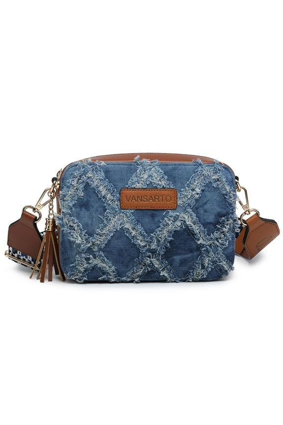 Women Tassel Quilted Crossbody Bag Distressed Denim Purse Small Shoulder Handbags Fashion Travel Bag with Wide Strap