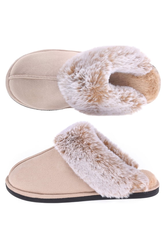 Women's Comfy Faux Fur Scuff Slippers Micro Suede Memory Foam Slip on Fuzzy Slide House Shoes Anti-Skid Sole, Beige, Size 5-6