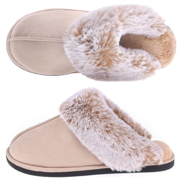 VANSARTO Women's Comfy Faux Fur Scuff Slippers Micro Suede Memory Foam Slip on Fuzzy Slide House Shoes Anti-Skid Sole, Beige, Size 7-8
