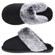 VANSARTO Womens Comfy Faux Fur Scuff Slippers Micro Suede Memory Foam Slip on Fuzzy Slide House Shoes Anti-Skid Sole, Black, Size 9-10