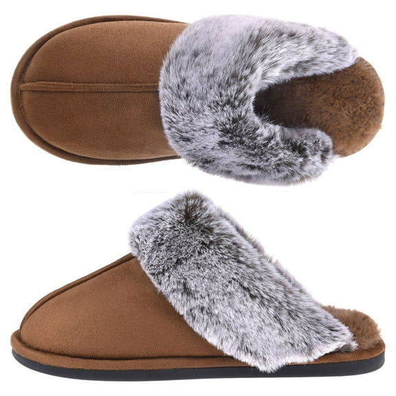 VANSARTO Women's Comfy Faux Fur Scuff Slippers Micro Suede Memory Foam Slip on Fuzzy Slide House Shoes Anti-Skid Sole, Brown, Size 5-6