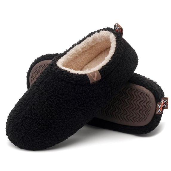 VANSARTO Women's Fuzzy Memory Foam Slippers with Cozy Curly Fur and Warm Fleece Lining Closed Back Non-Slip House Shoes Lightweight Soft Comfy Indoor Bedroom Slippers, Black