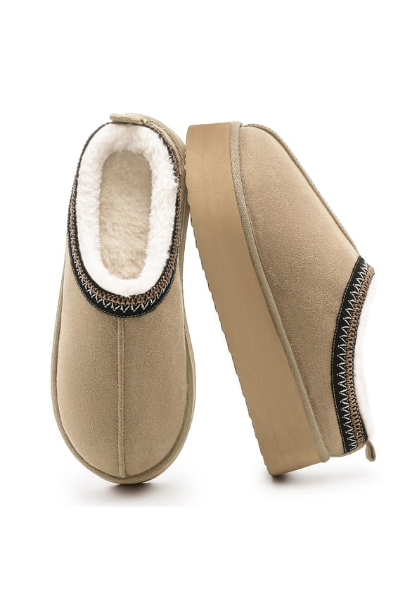 Women's Fuzzy Platform Slippers Cozy Suede Mini Boots with Plush Fleece Lining Lightweight Anti-Slip Boot Soft Warm Winter House Shoes for Indoor Outdoor, Beige, Size 5-6