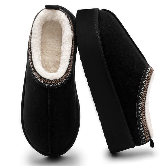 VANSARTO Women's Fuzzy Platform Slippers Cozy Suede Mini Boots with Plush Fleece Lining Lightweight Anti-Slip Boot Soft Warm Winter House Shoes for Indoor Outdoor, Black, Size 5-6