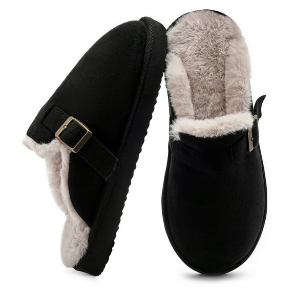 VANSARTO Women's Fuzzy Suede Slippers Faux Fur Memory Foam Scuff Slippers Warm Winter Slip-On House Shoes with Adjustable Buckle Indoor and Outdoor, Black, Size 7-8