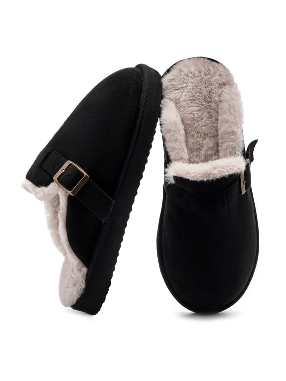 Women's Fuzzy Suede Slippers Faux Fur Memory Foam Scuff Slippers Warm Winter Slip-On House Shoes with Adjustable Buckle Indoor and Outdoor, Black, Size 5-6