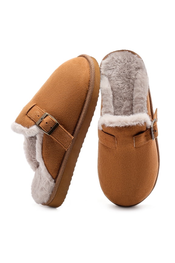 Women's Fuzzy Suede Slippers Faux Fur Memory Foam Scuff Slippers Warm Winter Slip-On House Shoes with Adjustable Buckle Indoor and Outdoor, Chestnut, Size 9-10