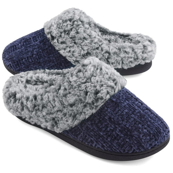 VANSARTO Women's House Slippers Memory Foam Fuzzy Slip on Slide Slippers Ladies Soft Bedroom Shoes for Indoor & Outdoor, Navy Blue, Size 7-8